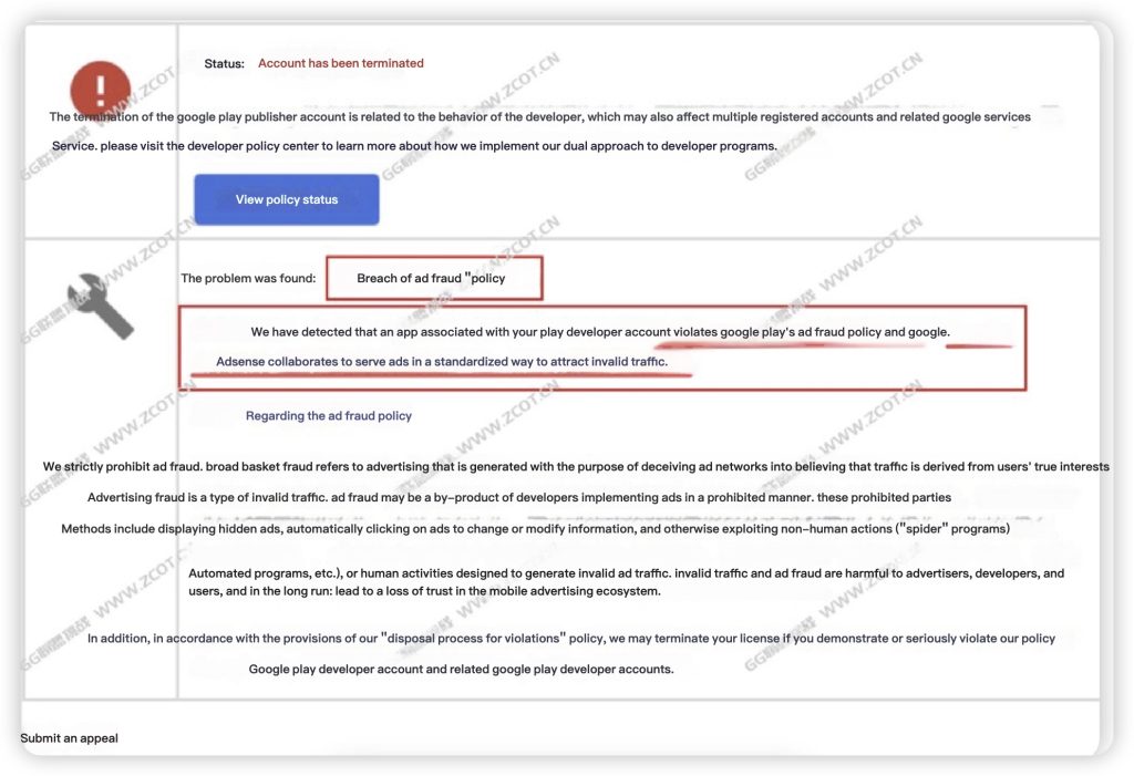 The app’s traffic was directed to AdSense for monetization, and the Google Play developer account was terminated due to violation of the ad fraud policy.